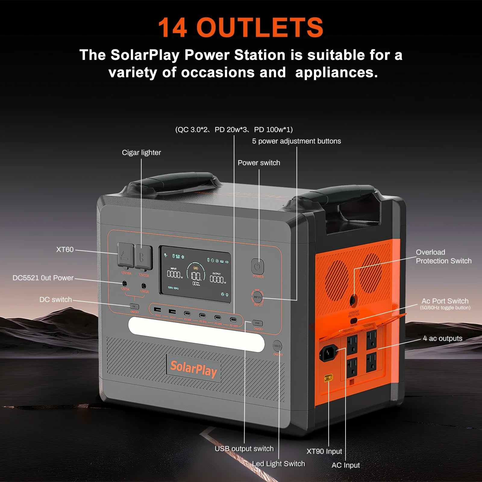 SOLARPLAY Portable Power Station 2500W, Solar Generator for Camping, RVing, Emergency Power Outage, Outdoor Power Banks